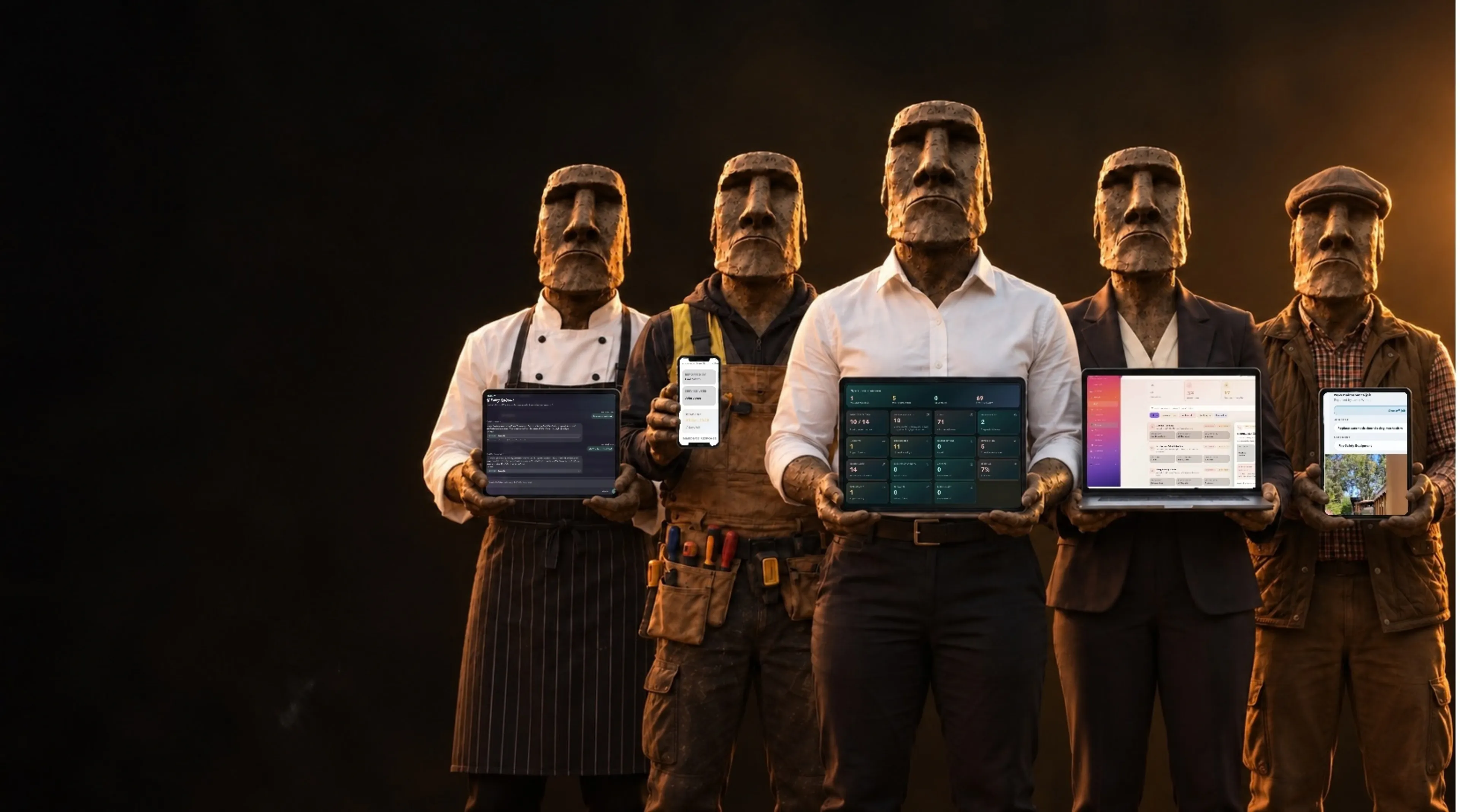Five Moai figures dressed as a chef, a tradesperson, an office worker, a manager and a farmer, each holding a device running their own system