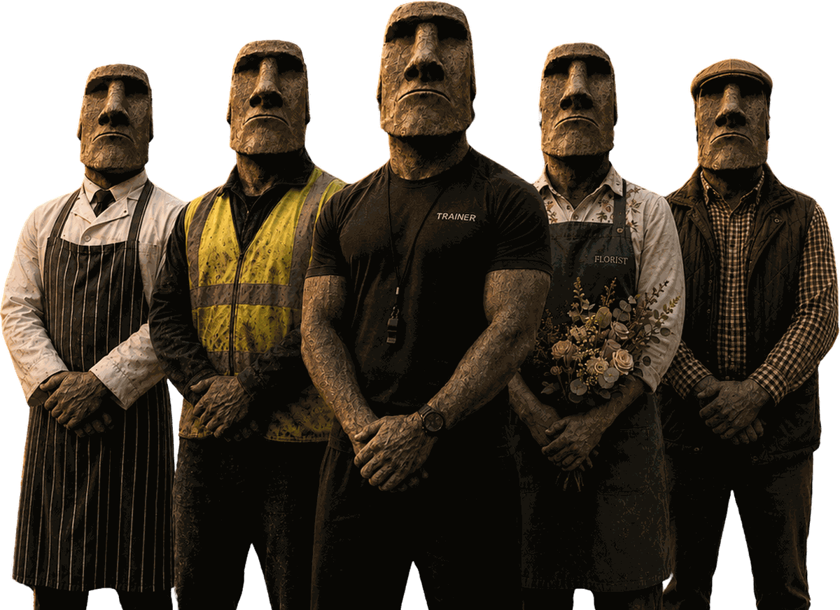 Five Moai figures dressed as British trades: butcher, construction worker, personal trainer, florist, and a man in a flat cap