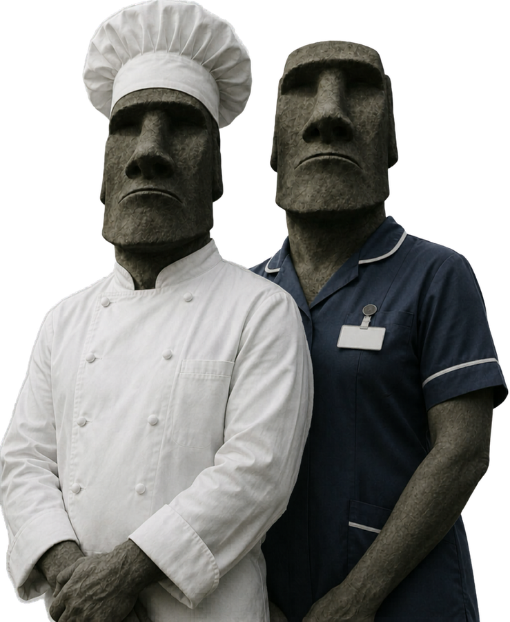 Two Moai figures, one in a chef's whites and chef hat, one in NHS nurse uniform with name badge
