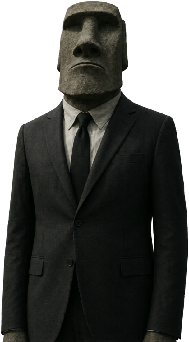 A solo Moai figure in a tailored business suit, white shirt, and dark tie