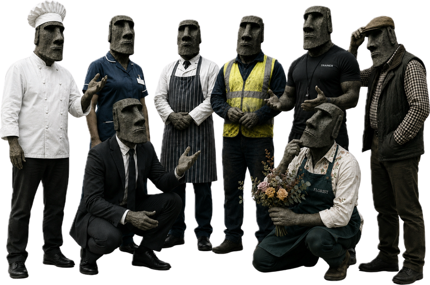 A team of eight Moai figures in various trades and uniforms, including a chef, nurse, butcher, construction worker, trainer, businessman, florist, and a man in a flat cap