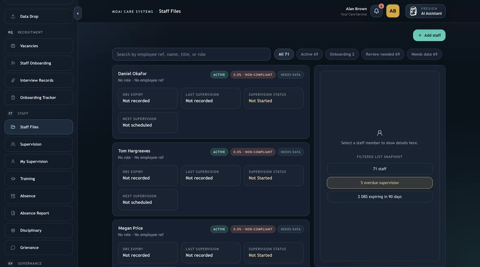 Staff files: every staff member's checks and supervision in one place.