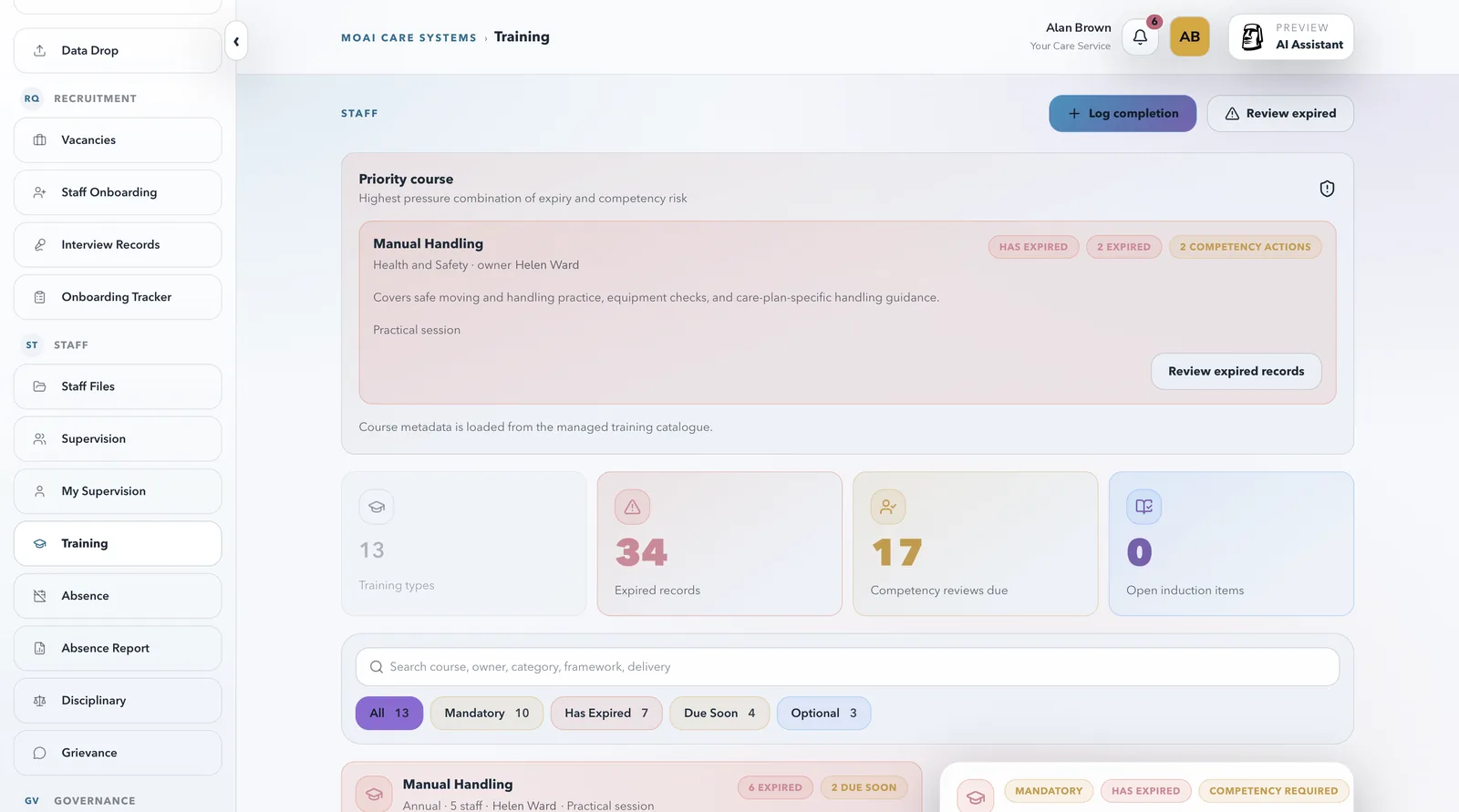 Training: expired courses and competency reviews flagged before they bite.