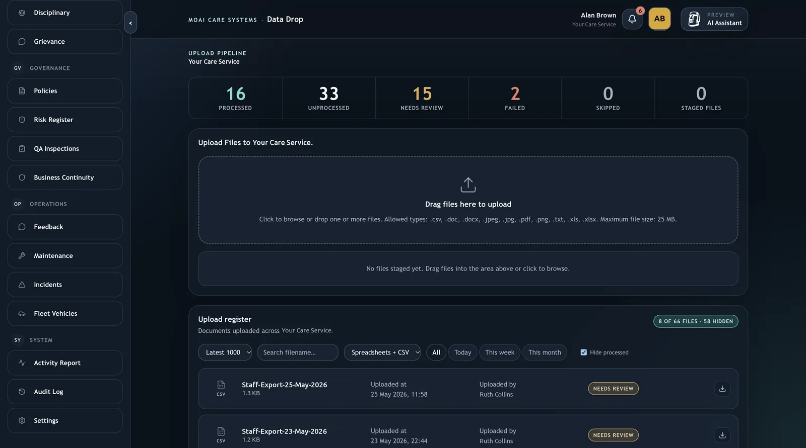 Data Drop: upload the spreadsheets and documents you already have.